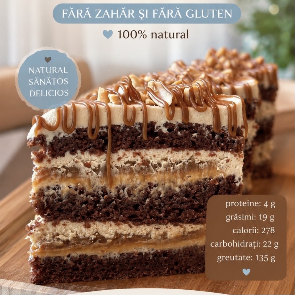 Tort Snickers fără zahăr și gluten cu carob (porție 150g)
