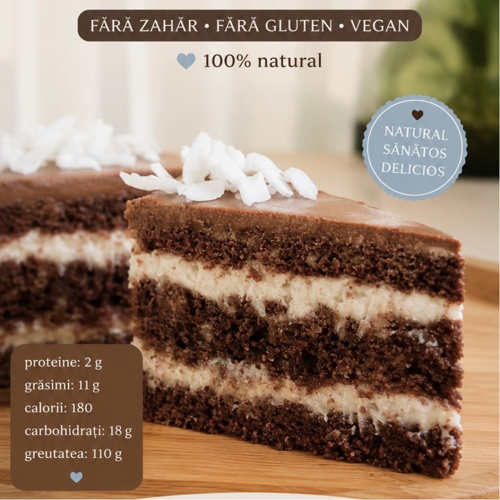 Tort vegan fără zahăr și fără gluten "Bounty" cu carob (porție 150g)